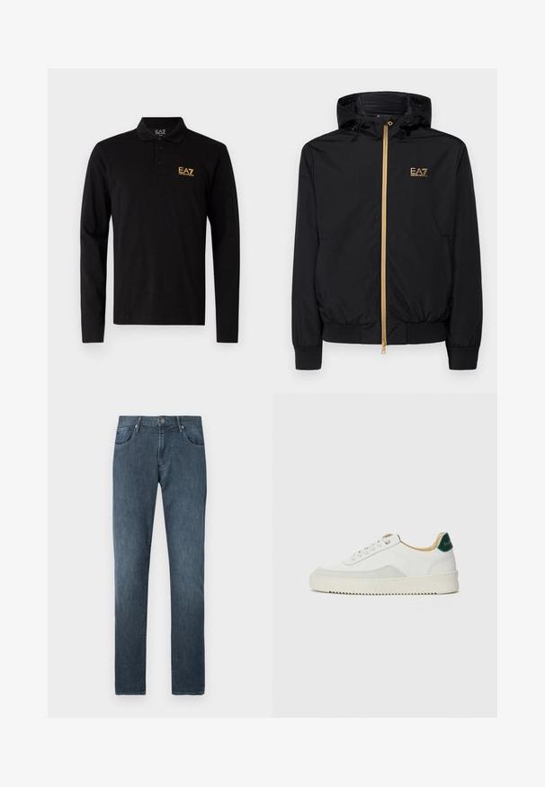 Veste à capuche noire en matériau léger avec une fermeture éclair dorée et un accent de logo. Présente des poignets élastiques et une taille ajustée.; Polo shirt noir à manches longues en coton, doté d'une patte de boutonnage à trois boutons et d'un logo brodé jaune contrastant sur la poitrine.; Jean en denim bleu foncé avec un design à jambe droite, cinq poches, fermeture à bouton avant et détails de couture subtils.; Baskets blanches avec des accents en daim, bout arrondi, lacets plats et semelle en caoutchouc crème. Présente une marque verte sur le talon.
