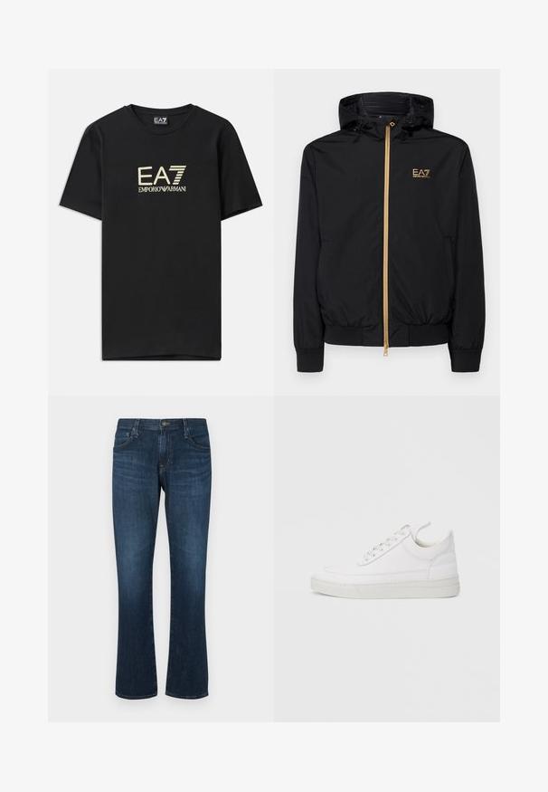Schwarze Kapuzenjacke aus leichtem Material mit einem goldenen Reißverschluss und Logo-Akzent. Verfügt über elastische Bündchen und eine taillierte Passform.; Schwarzes Baumwoll-T-Shirt mit einem goldenen EA7 Emporio Armani-Logo auf der Brust. Kurze Ärmel und Rundhalsausschnitt.; Dunkelblaue Jeans aus Denim mit geradem Bein, fünf Taschen und einem Metallknopfverschluss. Glatte Textur mit dezenten Gebrauchsspuren.; Weißer Ledersneaker mit abgerundetem Zehenbereich, flacher Sohle und Schnürverschluss. Verfügt über Nahtdetails und einen gepolsterten Kragen für zusätzlichen Komfort.