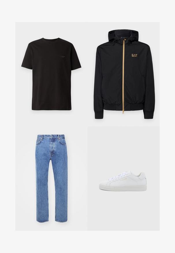 Sort hættetrøje lavet af letvægtsmateriale med en guldlås og logo-detalje. Har elastiske manchetter og en tætsiddende talje.; Sort kortærmet t-shirt lavet af bomuld. Har en rund halsudskæring og diskret branding på venstre brystområde. Glat tekstur.; Won Hundred STEVE - Jeans Relaxed Fit - cut blue; Hvide sneakers i lav model og læder med rund snude, flade snørebånd, tekstureret sål og diskret guldfarvet logo på siden. Glat overflade og minimalistisk design.