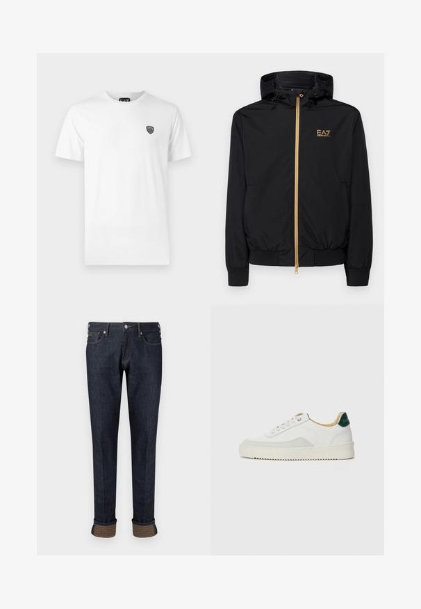 Chaqueta negra con capucha hecha de material ligero, con un cierre dorado y un acento de logo. Cuenta con puños elásticos y una cintura ajustada.; Camiseta de algodón blanca con mangas cortas, que presenta un pequeño logo negro en la parte izquierda del pecho. Diseño clásico de cuello redondo.; Vaqueros de mezclilla azul oscuro con diseño de pierna recta, que presentan un dobladillo vuelto y un detalle de tela de marca en color marrón claro en los puños.; Zapatilla blanca con acentos de ante, puntera redondeada, cordones planos y suela de goma color crema. Presenta un logo verde en el talón.