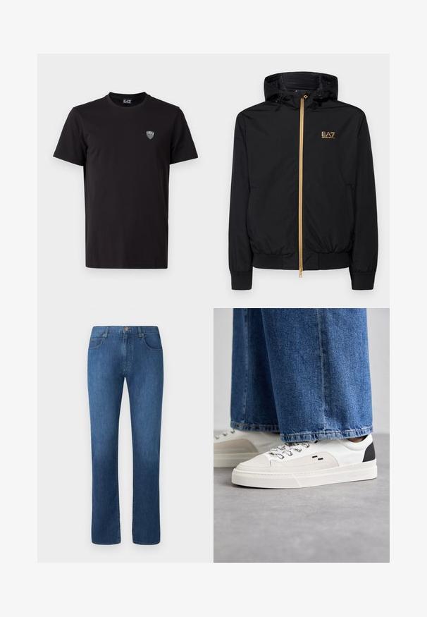 Schwarze Kapuzenjacke aus leichtem Material mit einem goldenen Reißverschluss und Logo-Akzent. Verfügt über elastische Bündchen und eine taillierte Passform.; Schwarzes T-Shirt mit kurzen Ärmeln aus glattem Stoff, mit einem dezenten gestickten Logo auf der linken Brust und einem klassischen Rundhalsausschnitt.; Dunkelblaue Jeans aus Denim mit geradem Bein, fünf Taschen und einem Frontknopfverschluss. Glatte Textur und klassische Nähdetails.; Weiße und schwarze Sneaker mit einem Obermaterial aus glattem Leder, strukturierten Akzenten und einer massiven weißen Sohle. Verfügt über ein klassisches Schnürdesign.