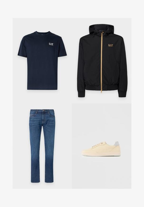Zwarte hooded jack gemaakt van lichtgewicht materiaal met een gouden rits en logoaccent. Heeft elastische manchetten en een getailleerde taille.; Navyblauwe katoenen t-shirt met korte mouwen, ronde halslijn en EA7-logo aan de linkerbovenkant in het wit. Gladde textuur, casual ontwerp.; Blauwe spijkerbroek met rechtvallende pijpen, voorzien van een klassiek ontwerp met vijf zakken en een knoopsluiting. Subtiele vervaging over de stoftextuur.; Beige lage sneaker met veters aan de voorkant, lichtroze zool en een grijze hieltab met het merk "Filling Pieces", zijaanzicht op een effen achtergrond.