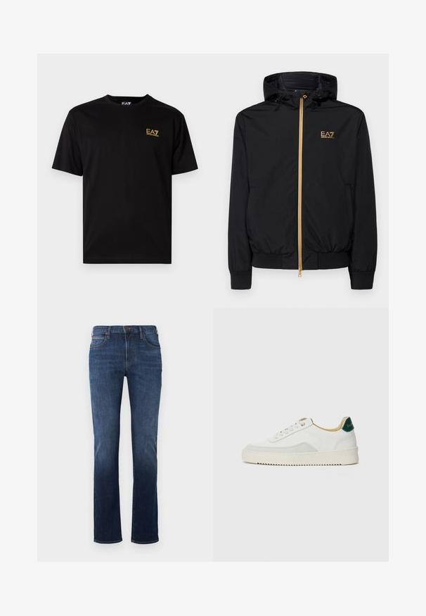 Zwarte hooded jack gemaakt van lichtgewicht materiaal met een gouden rits en logoaccent. Heeft elastische manchetten en een getailleerde taille.; Zwarte katoenen t-shirt met korte mouwen, met een klein geel geborduurd logo op de linker borst. Klassiek crewneck ontwerp.; Donkerblauwe jeans met een rechte pasvorm, gemaakt van denim. Heeft een klassieke vijf-pocket ontwerp, gestikte naden en een sluiting met één knop.; Witte sneaker met suède accenten, ronde neus, platte veters en een crème rubberen zool. Bevat groene branding op de hiel.