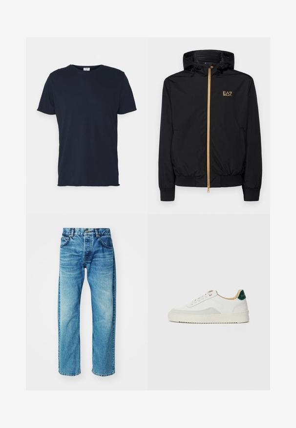 Sort hættetrøje lavet af letvægtsmateriale med en guldlås og logo-detalje. Har elastiske manchetter og en tætsiddende talje.; Marineblå bomulds t-shirt med rund hals og korte ærmer, med en glat tekstur og enkel design, uden synlige mønstre eller accenter.; Blå denimjeans med en afslappet pasform, der har fem lommer, en knaplukning og en subtil falming med en let, frayed kant.; Hvide sneakers med ruskindsdetaljer, rund tå, flade snørebånd og en cremet gummisål. Har grøn branding på hælen.