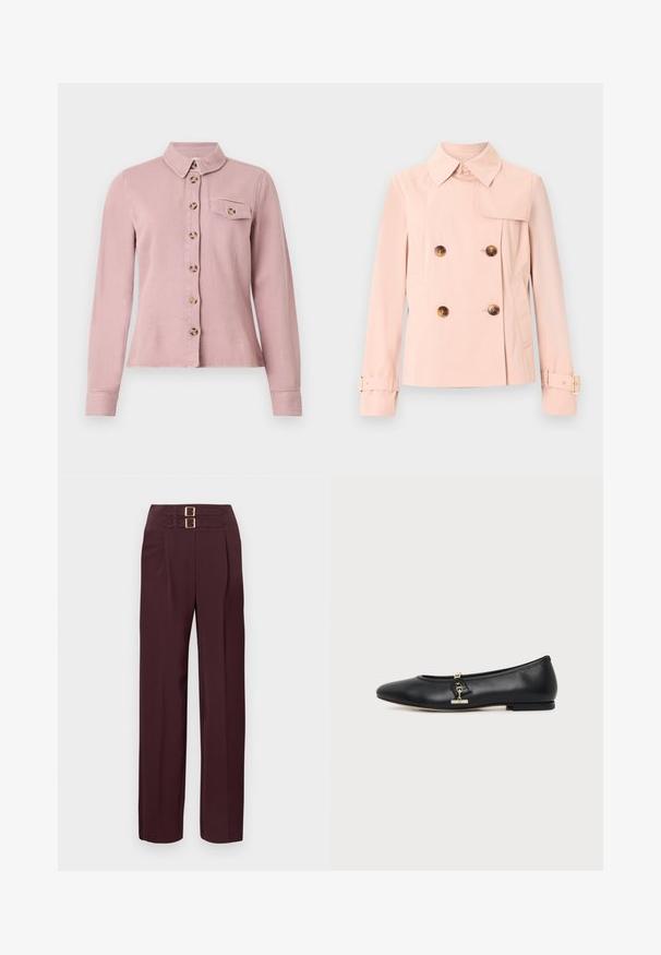 Veste rose pâle à double boutonnage avec large col, quatre boutons marron, poches latérales et sangles ajustables à boucle sur les manches longues.; Chemise rose clair à manches longues avec des boutons marron sur le devant, rabat de poche poitrine boutonné et petit col sur fond blanc.; Pantalon taille haute de couleur bordeaux foncé avec deux sangles à boucle dorée en haut et une coupe droite.; Chaussure plate en cuir noir avec bout arrondi et petit détail de boucle dorée sur le côté, présentée sur un fond clair uni.