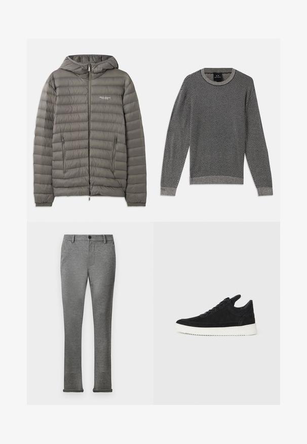 Chaqueta de plumas gris con capucha, hecha de material acolchado. Presenta dos bolsillos laterales con cremallera y un cierre frontal con cremallera.; Suéter de punto en gris con un patrón de diamantes texturizado. Presenta un cuello redondo acanalado y puños, con un dobladillo gris sólido.; Pantalones gris slim-fit hechos de una tela suave con una sutil textura. Cuentan con un cierre de botón y dobladillos con vuelta para un aspecto elegante.; Zapatilla de ante negra con suela de goma blanca, que presenta costuras en el mismo tono y un diseño de cordones. Textura suave con una forma moderna y aerodinámica.
