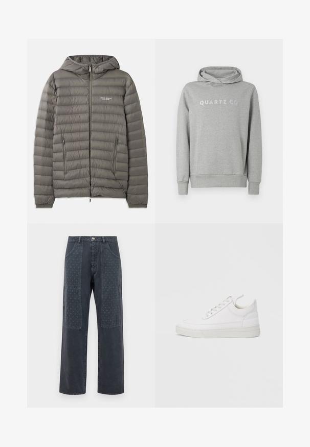 Grå pufferjakke med hætte, lavet af quiltet materiale. Har to lynlåslommer på siden og en lynlås foran.; Grå sweatshirt med hætte lavet af blødt stof, med snørrehætte og frontlomme, med "QUARTZ CO" trykt i et diskret design på brystet.; Mørkegrå jeans med bred benudskæring, der har dekorative lapper på forsiden med et subtilt blomstermønster og standardlomme-detaljering.; Hvid lædersneaker med rundet tå, flad sål og snørebånd foran. Har syningsdetaljer og polstret krave for komfort.