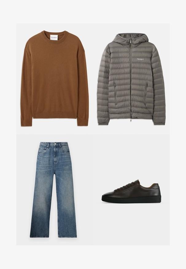 Grijze gewatteerde jas met een capuchon, gemaakt van doorgestikt materiaal. Beschikt over twee zijzakken met rits en een voorrits sluiting.; CLOSED CREW NECK LONG SLEEVE - Trui - light mocha brown; Blauwe denim wijdgerande jeans met een hoge taille, voorzien van subtiele vervaging, vijf zakken en een metalen knoopsluiting aan de voorkant.; Low-profile donkerbruine leren sneaker met zwarte rubberen zool, veters aan de voorkant en een strak minimalistisch design op een lichte achtergrond.