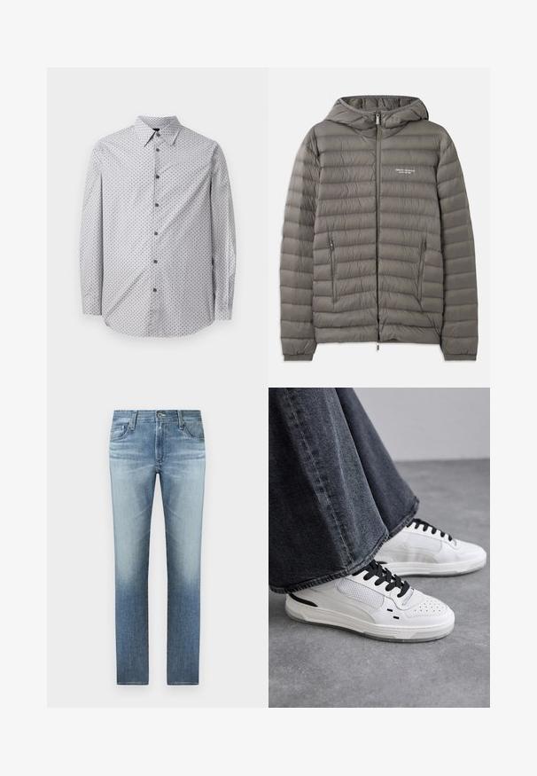 Chaqueta de plumas gris con capucha, hecha de material acolchado. Presenta dos bolsillos laterales con cremallera y un cierre frontal con cremallera.; Camisa de manga larga con botones, en gris claro con pequeño patrón geométrico negro, cuello estándar y botones negros en la parte delantera.; Vaqueros de mezclilla azul claro con un diseño de pierna recta, que cuentan con un lavado desgastado, cinco bolsillos y un cierre de cremallera con botón de metal.; Zapatillas blancas con cordones negros y detalles de malla. Presenta un upper de cuero liso y una suela de goma texturizada. Combinadas con unos vaqueros de pierna ancha en gris.