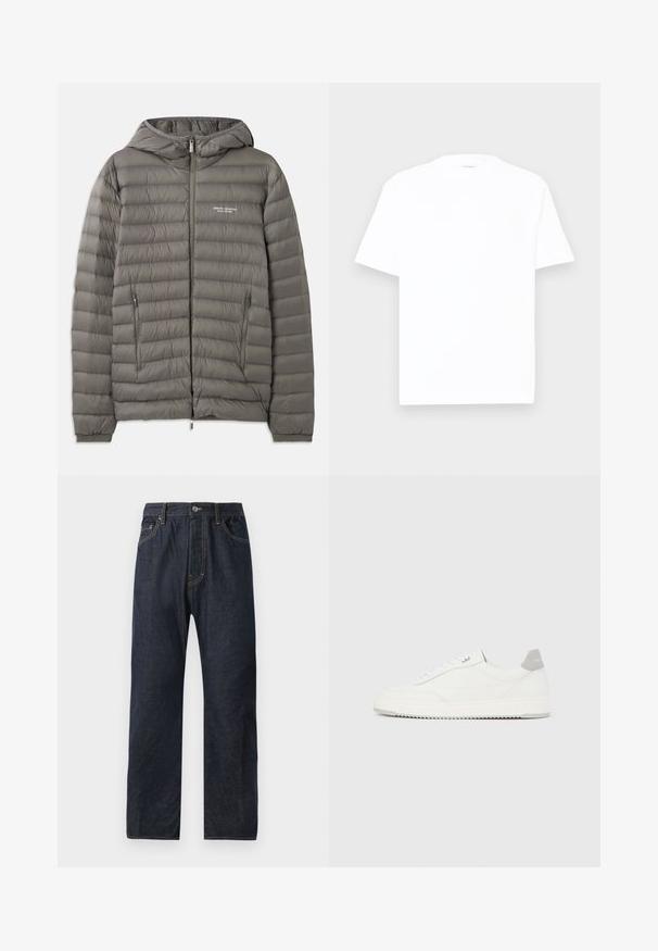 Graue Pufferjacke mit Kapuze, aus gestepptem Material. Verfügt über zwei seitliche Reißverschlusstaschen und einen Reißverschluss vorne.; Weißes Baumwoll-T-Shirt mit Rundhalsausschnitt, kurzen Ärmeln und lässiger Passform. Glatte Textur, minimale Details und ohne Muster oder Grafiken.; Dunkelblaue Denim-Jeans mit geradem Bein, ausgestattet mit fünf Taschen, dezenten Nähten und einem Knopfverschluss am Bund.; Weißer Sneaker mit niedrigem Schaft, grauem Fersenlaschen, weißen Schnürsenkeln und einer strukturierten Sohle, dargestellt vor einem schlichten hellen Hintergrund.