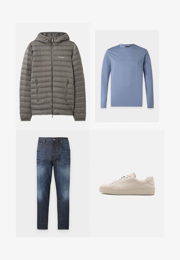 Veste en duvet grise avec capuche, fabriquée en matière matelassée. Elle possède deux poches latérales zippées et une fermeture à glissière à l'avant.; Chemise bleu clair à manches longues avec col rond et logo Emporio Armani en relief centré sur la poitrine, fond blanc.; Jean slim bleu foncé avec des zones délavées sur les cuisses et les genoux, poches avant, passants pour ceinture et fermeture par bouton à la taille.; Baskets en cuir beige avec une finition lisse, bout rond, semelle plate et design classique à lacets. Des accents de couture subtils et une semelle extérieure texturée.