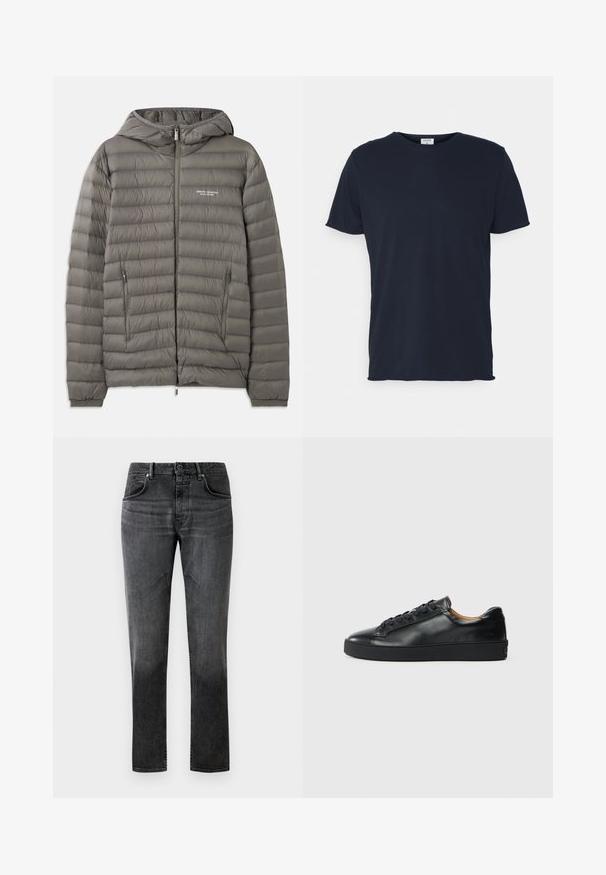 Grijze gewatteerde jas met een capuchon, gemaakt van doorgestikt materiaal. Beschikt over twee zijzakken met rits en een voorrits sluiting.; Navyblauwe katoenen t-shirt met ronde hals en korte mouwen, met een gladde textuur en eenvoudig ontwerp, zonder zichtbare patronen of accenten.; Zwarte denim jeans met een rechte snit, vijf-pocketontwerp en subtiele vervaging. Voorzien van een knoopsluiting en lussen voor een riem. Gladde textuur.; Zwarte leren sneaker met een gladde textuur, ronde neus en vetersluiting. Heeft een dikke rubberen zool en minimale merkaanpassing.