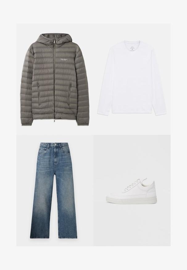 Grijze gewatteerde jas met een capuchon, gemaakt van doorgestikt materiaal. Beschikt over twee zijzakken met rits en een voorrits sluiting.; Witte langemouwen ronde hals shirt met het Armani Exchange logo afgedrukt binnen de halslijn, maat medium.; Blauwe denim wijdgerande jeans met een hoge taille, voorzien van subtiele vervaging, vijf zakken en een metalen knoopsluiting aan de voorkant.; Witte leren sneaker met een afgeronde neus, platte zool en veters aan de voorkant. Voorzien van stikseldetails en een gevoerde kraag voor comfort.
