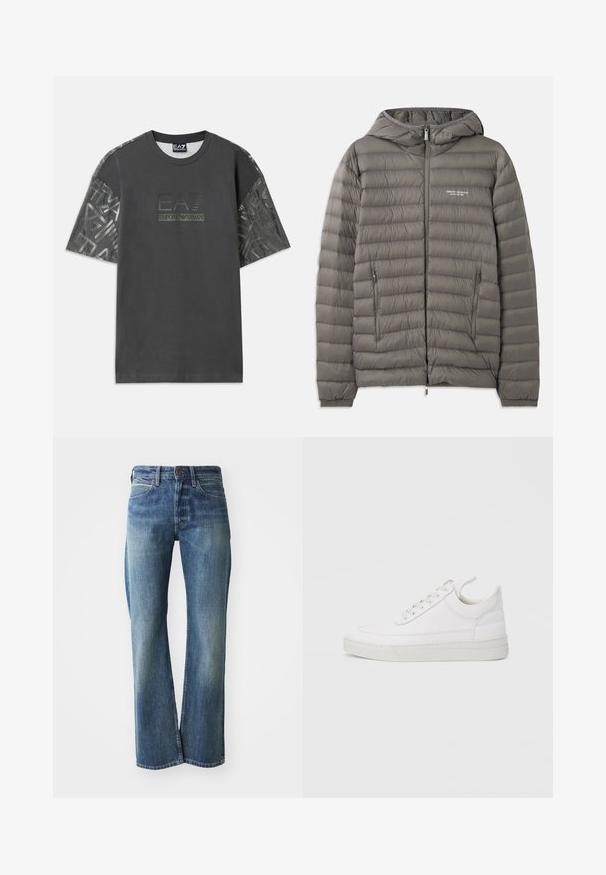 Graue Pufferjacke mit Kapuze, aus gestepptem Material. Verfügt über zwei seitliche Reißverschlusstaschen und einen Reißverschluss vorne.; Graues Baumwoll-T-Shirt mit kurzen Ärmeln, das ein gemustertes Gewebe an den Ärmeln aufweist und ein zentrales Logo mit der Aufschrift "EA7 Emporio Armani" trägt.; Jeans aus Denim in einem hellen bis mittleren Blauton, mit geradem Schnitt, klassischem Fünf-Taschen-Design und subtiler Ausbleichung auf der Vorderseite.; Weißer Ledersneaker mit abgerundetem Zehenbereich, flacher Sohle und Schnürverschluss. Verfügt über Nahtdetails und einen gepolsterten Kragen für zusätzlichen Komfort.
