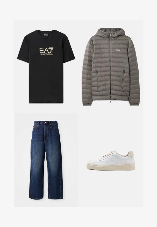 Chaqueta de plumas gris con capucha, hecha de material acolchado. Presenta dos bolsillos laterales con cremallera y un cierre frontal con cremallera.; Camiseta de algodón negra con un logo dorado de EA7 Emporio Armani en el pecho. Diseño de manga corta y cuello redondo.; Pantalones vaqueros de pierna ancha en azul oscuro, fabricados en denim. Presentan una cinturilla clásica con trabas para cinturón, bolsillos frontales y una silueta recta.; Zapatilla blanca con parte superior de cuero suave, cordones beige y un tirador de talón de ante beige texturizado. Suela elevada para mayor altura.