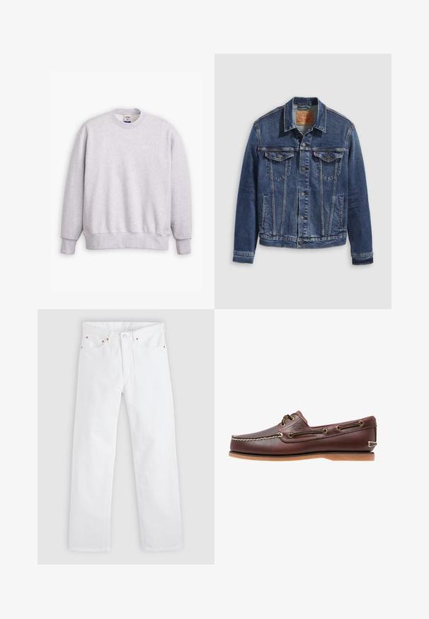 Jeanjakke i mørkeblå med et klassisk design, der har metalknapper, to brystlommer og diagonale sømme foran.; Grå sweatshirts med rund halsudskæring, lange ærmer, ribbede manchetter og kant. Har et lille "Levi's" logo i lysegul på forsiden.; Hvide jeans med lige ben, fem-lomme design, knap- og lynlåslukning samt kobbernitdetaljer på lommerne.; Brun læder bådsko med hvide sømme, snøre detaljer og lysbrun gummisål, vist fra siden på hvid baggrund.