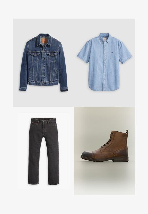 Donkerblauwe denimjas met een klassiek ontwerp, voorzien van metalen knopen, twee borstzakken en diagonale naden aan de voorkant.; Lichtblauw denim overhemd met korte mouwen, een button-down kraag, knopen aan de voorkant en een klein logo op de linkerborst. Gladde textuur.; Zwarte denim jeans met rechte pijpen, vijf zakken, knoopsluiting en koperen klinknagels, plat gelegd op een witte achtergrond.; Bruine leren enkellaars met veters, zwarte neuskap, ronde zool en merkdetail aan de zijkant tegen een effen achtergrond.