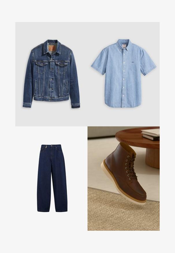 Donkerblauwe denimjas met een klassiek ontwerp, voorzien van metalen knopen, twee borstzakken en diagonale naden aan de voorkant.; Lichtblauw denim overhemd met korte mouwen, een button-down kraag, knopen aan de voorkant en een klein logo op de linkerborst. Gladde textuur.; Losse, donkerblauwe denim jeans met een hoge taille, frontzakken en een recht model. Inclusief zilverkleurige hardware en minimale stiksels.; Bruine leren enkelboot met beige zool op een gestructureerd beige vloerkleed naast een ronde houten tafel met opgestapelde boeken.