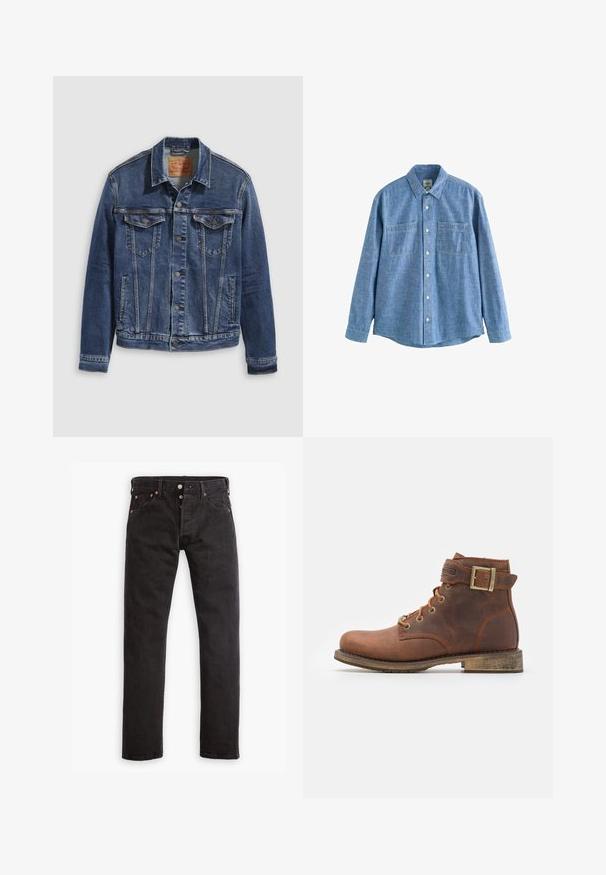 Donkerblauwe denimjas met een klassiek ontwerp, voorzien van metalen knopen, twee borstzakken en diagonale naden aan de voorkant.; Blauw chambray overhemd met lange mouwen, knoopsluiting aan de voorkant en twee borstzakken, plat gelegd op een witte achtergrond.; Zwarte slim-fit jeans met knoopsluiting, vijf zakken en koperen klinknagels, plat gelegd op een witte achtergrond.; Harley Davidson VNTGMOTO SHORT RIDING APPROVED - Cowboy-/Bikerlaarsjes - brown
