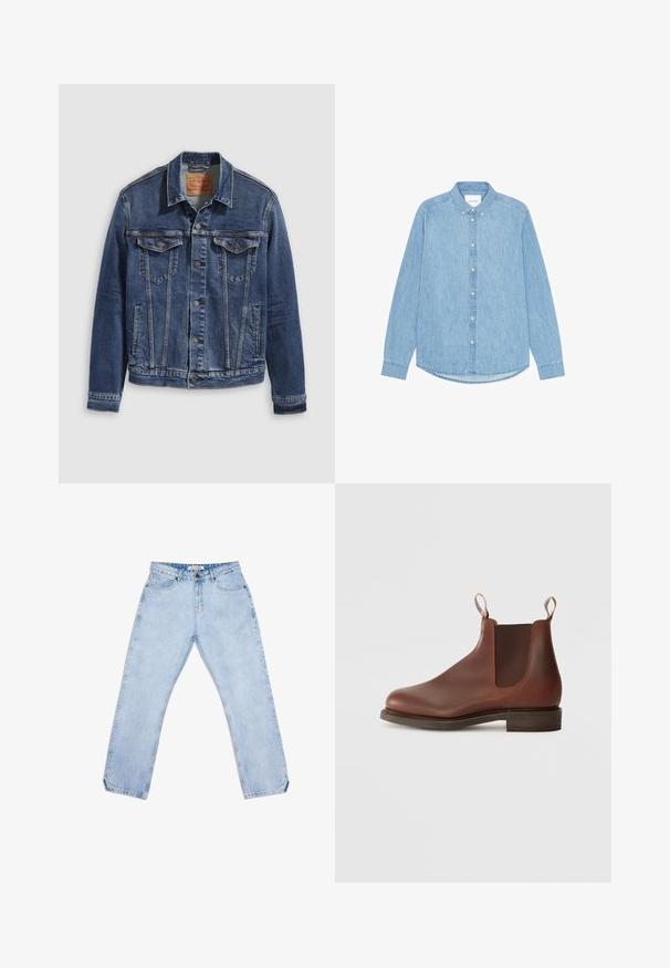 Jachetă din denim de culoare albastru închis cu un design clasic, având nasturi metalici, două buzunare pe piept și cusături diagonale în față.; Cămașă din denim bleu deschis, cu nasturi, mâneci lungi, guler ascuțit și tiv rotunjit. Prezintă închidere cu nasturi în față și un mic detaliu cu logo.; Blugi din denim albastru deschis, cu croială dreptă, având cinci buzunare, închidere cu nasture și decolorări subtile. Fără modele sau logo-uri vizibile.; Botine Chelsea din piele maro cu panouri laterale elastice, banda de prindere și toc scăzut. Textură netedă, cu vârf rotunjit și detalii minime.