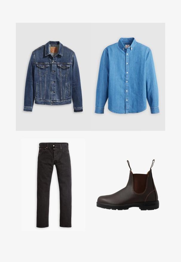 Dunkelblaues Jeansjackett im klassischen Design, mit Metallknöpfen, zwei Brusttaschen und diagonalen Nähten auf der Vorderseite.; Hellblaues Jeanshemd mit langen Ärmeln, button-down Kragen und weißen Knöpfen. Verfügt über ein kleines besticktes Logo auf der Brust.; Schwarze Slim-Fit-Jeans mit Knopfverschluss, fünf Taschen und kupferfarbenen Nieten flach auf einem weißen Hintergrund ausgelegt.; Brauner Chelsea-Stiefel aus Leder mit elastischem Seiteneinsatz, brauner Naht, Zuglaschen und einer strapazierfähigen Gummisohle mit strukturiertem Muster.