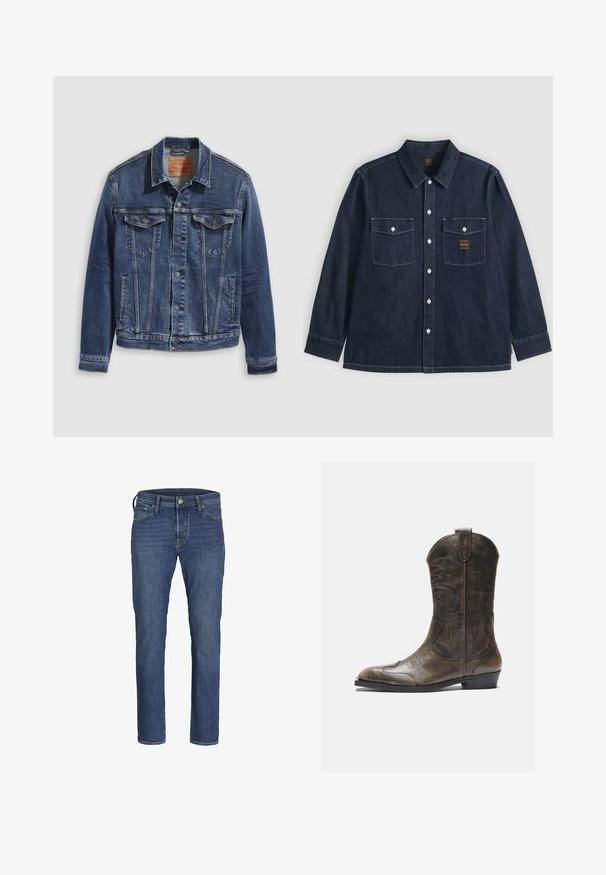 Jeanjakke i mørkeblå med et klassisk design, der har metalknapper, to brystlommer og diagonale sømme foran.; Mørkeblå denimskjorte med lange ærmer, knapper foran, to brystlommer med knapklapper og synlige hvide syninger.; Herre blå denim jeans med lige ben-design, fem lommers styling og klassisk knap- og lynlåslukning.; Brune læder cowboystøvle med en høj skaft, spids tå, intrikate syning mønstre og en lille hæl. Struktureret finish hele vejen igennem.