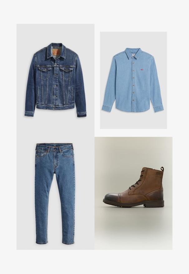 Jeanjakke i mørkeblå med et klassisk design, der har metalknapper, to brystlommer og diagonale sømme foran.; Lyseblå denimskjorte med lange ærmer, knaplukning foran og spidse kraver. Har brune knapper og et lille rødt logo-patch.; Blå denim jeans med lige skæring, fem lommer, orange syninger og en klassisk knap- og lynlåslukning. Slidt tekstur langs benene.; Brun læderstøvle med snørebånd, sort tåhætte, rund sål og mærket detalje på siden mod ensfarvet baggrund.
