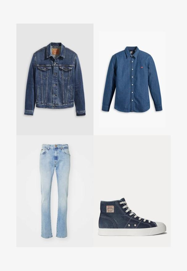 Dunkelblaues Jeansjackett im klassischen Design, mit Metallknöpfen, zwei Brusttaschen und diagonalen Nähten auf der Vorderseite.; Dunkelblaue Jeanshemd mit langen Ärmel, Kragen und Knopfverschluss. Mit einem kleinen roten Levi's-Logo auf der Brust. Glatte Textur.; Hellblaue Denim-Jeans mit geradem Schnitt, fünf Taschen, Knopfverschluss und subtiler Ausbleichung an den Oberschenkeln und dem Saum.; Marineblaue High-Top-Sneaker mit weißen Schnürsenkeln, weißer Gummisohle, Metallösen und einem kleinen beigen Markenpatch im Knöchelbereich.