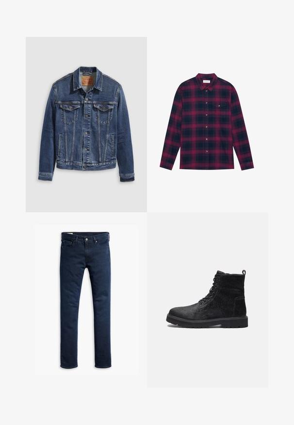 Donkerblauwe denimjas met een klassiek ontwerp, voorzien van metalen knopen, twee borstzakken en diagonale naden aan de voorkant.; Langsleeve geruite blouse in donkerblauw en bordeauxrood, met een button-down kraag, borstzak en goudkleurige knopen. Zachte textuur van de stof.; Donkerblauwe denim jeans met een rechte pasvorm, vijf zakken, knoopsluiting en riemlussen; gladde textuur en egale kleur.; Zwarte enkelboots met een gestructureerde bovenkant, voorzien van vetersluiting aan de voorkant, een stevige rubberen zool en een trekhaak aan de achterkant voor gemakkelijk aantrekken.