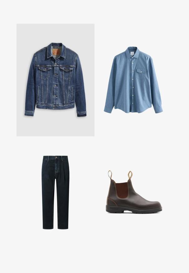 Chaqueta de mezclilla en azul oscuro con un diseño clásico, que presenta botones metálicos, dos bolsillos en el pecho y costuras diagonales en la parte frontal.; Camisa azul claro de manga larga con botones, cuello y un bolsillo en el pecho con botón, colocada extendida sobre un fondo blanco.; Pantalones de mezclilla oscura con un ajuste holgado, que cuentan con una cintura alta, pliegues, cierre frontal con botón y costuras de contraste doradas.; Botas Chelsea de cuero marrón con paneles laterales elásticos y tiradores. Parte superior texturizada, suela de goma duradera y detalle de costura en contraste.
