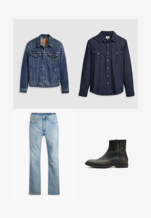 Dunkelblaues Jeansjackett im klassischen Design, mit Metallknöpfen, zwei Brusttaschen und diagonalen Nähten auf der Vorderseite.; Dunkelblaues Denimhemd mit spitzem Kragen, Druckknöpfen und Brusttaschen. Mit Ziernähten und langen Ärmeln versehen.; Hellblaue Jeans aus Denim, mit geradem Bein, fünf Taschen, kontrastierenden Nähten und einem Knopfverschluss am Bund.; AllSaints LANG - Stiefelette - brown