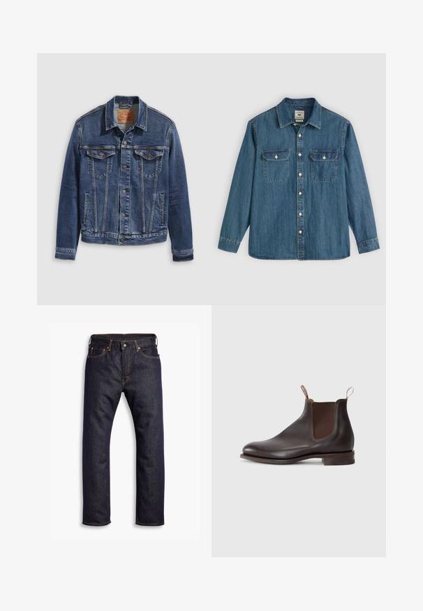 Donkerblauwe denimjas met een klassiek ontwerp, voorzien van metalen knopen, twee borstzakken en diagonale naden aan de voorkant.; Blauw denim overhemd met lange mouwen, knoopsluiting aan de voorkant, twee borstzakken en een kraag. Voorzien van stikdetails en een comfortabele, losse pasvorm.; Donkerblauwe recht gesneden denim jeans met vijf zakken en oranje contrasterende stiknaden, plat gelegd op een witte achtergrond.; Bruine leren Chelsea-boot met elastische zijpanelen, een trekband, ronde neus en een lage gestapelde hak. Gladde textuur, minimalistisch ontwerp.
