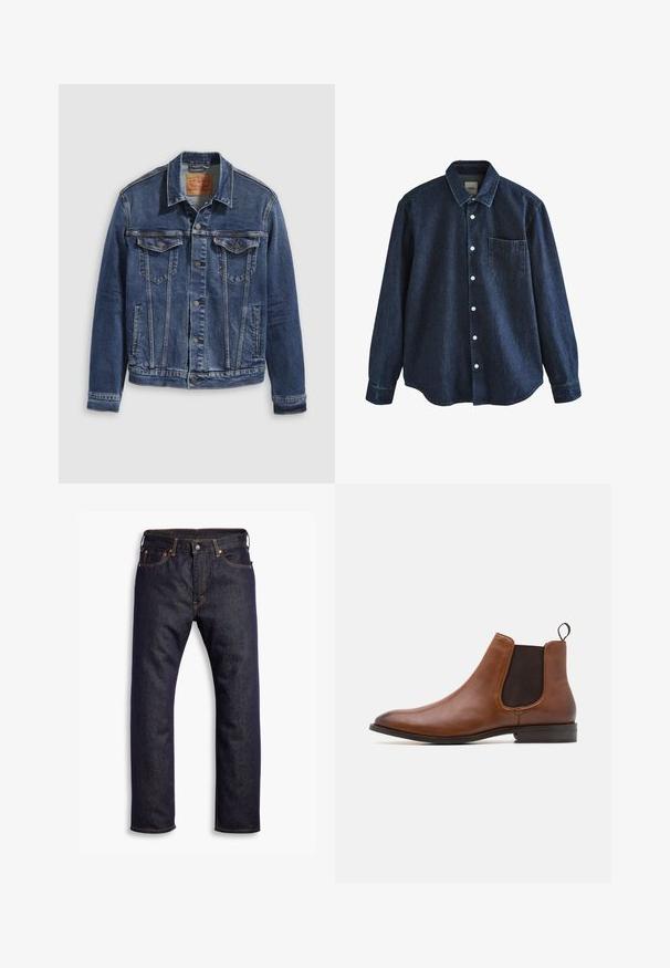 Dunkelblaues Jeansjackett im klassischen Design, mit Metallknöpfen, zwei Brusttaschen und diagonalen Nähten auf der Vorderseite.; Dunkelblaues Jeans-Langarmhemd mit Knopfleiste, Kragen und einer einzelnen Brusttasche, dargestellt vor weißem Hintergrund.; Dunkelblaue gerade geschnittene Jeans aus Denim mit fünf Taschen und orangefarbenen Kontrastnähten, flach auf einem weißen Hintergrund ausgelegt.; Zign by Zalando LEATHER - Stiefelette - cognac
