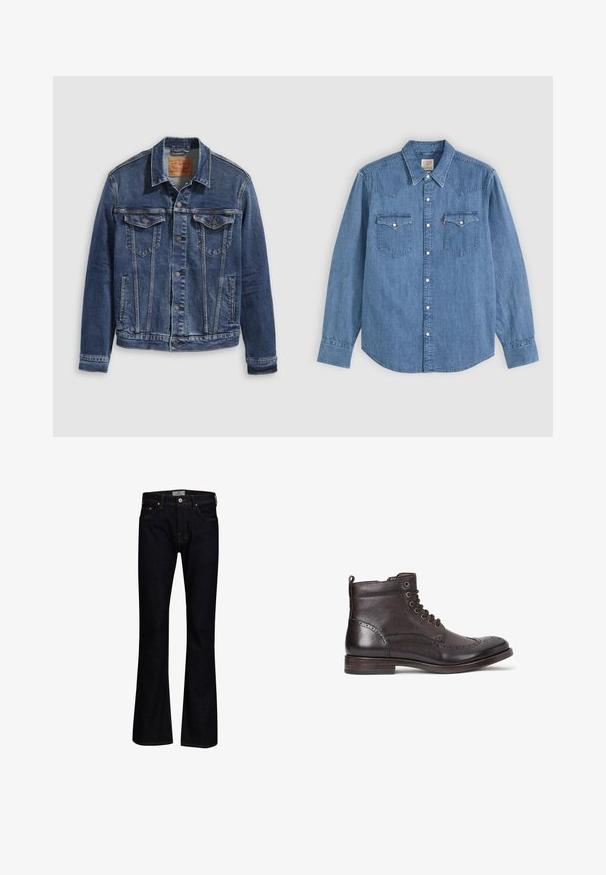 Jeanjakke i mørkeblå med et klassisk design, der har metalknapper, to brystlommer og diagonale sømme foran.; Langærmet blå denimskjorte med spids krave, knappet front og to brystlommer med knapklapper på ensfarvet baggrund.; Mørkeblå bukseskær med flared fit lavet af denim med en glat tekstur. Har fem lommer, messingbeslag og kontrastsygning.; Mørkebrune læder ankelstøvler med wingtip-design, rund tå, diskrete brogue-detaljer, metaløjer og flad hæl. Har en træksløjfe.