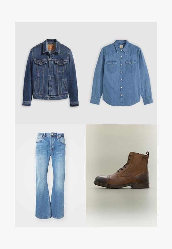 Dunkelblaues Jeansjackett im klassischen Design, mit Metallknöpfen, zwei Brusttaschen und diagonalen Nähten auf der Vorderseite.; Langärmliges blaues Jeanshemd mit spitzem Kragen, geknöpfter Vorderseite und zwei Brusttaschen mit Knopfklappen vor einfarbigem Hintergrund.; Helleblaue Denim-Jeans mit einem ausgestellten Design, das einen klassischen Fünf-Taschen-Stil, einen Reißverschluss und kontrastierende Nähte entlang der Nähte aufweist.; Brauner Leder-Schnürstiefel bis zum Knöchel mit schwarzer Zehenkappe, runder Sohle und Markenlabel an der Seite vor schlichtem Hintergrund.
