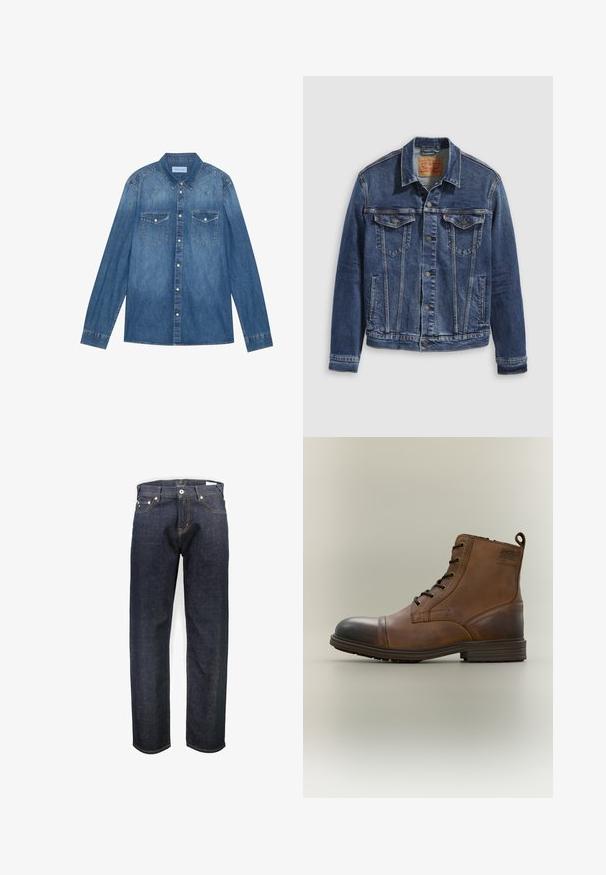 Jeanjakke i mørkeblå med et klassisk design, der har metalknapper, to brystlommer og diagonale sømme foran.; Mørkeblå denimskjorte med lange ærmer, klassisk krave, knaplukning fortil, to brystlommer og kontrasterende stiklinger på sømmene.; Junk De Luxe LOOSE - Jeans Straight Leg - rinse wash; Brun læderstøvle med snørebånd, sort tåhætte, rund sål og mærket detalje på siden mod ensfarvet baggrund.