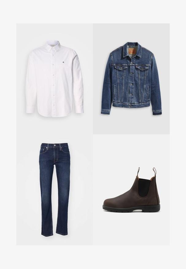 Chaqueta de mezclilla en azul oscuro con un diseño clásico, que presenta botones metálicos, dos bolsillos en el pecho y costuras diagonales en la parte frontal.; Camisa blanca de algodón, con cuello clásico, mangas largas y un pequeño logo de CK en el lado izquierdo del pecho. Textura suave.; Jeans de mezclilla azul oscuro con corte recto, que presentan un diseño tradicional de cinco bolsillos y detalles de costura en las costuras.; Botín de piel marrón hasta el tobillo con paneles laterales elásticos y lengüetas en la parte superior, que presenta una superficie texturizada y una suela de goma negra duradera.