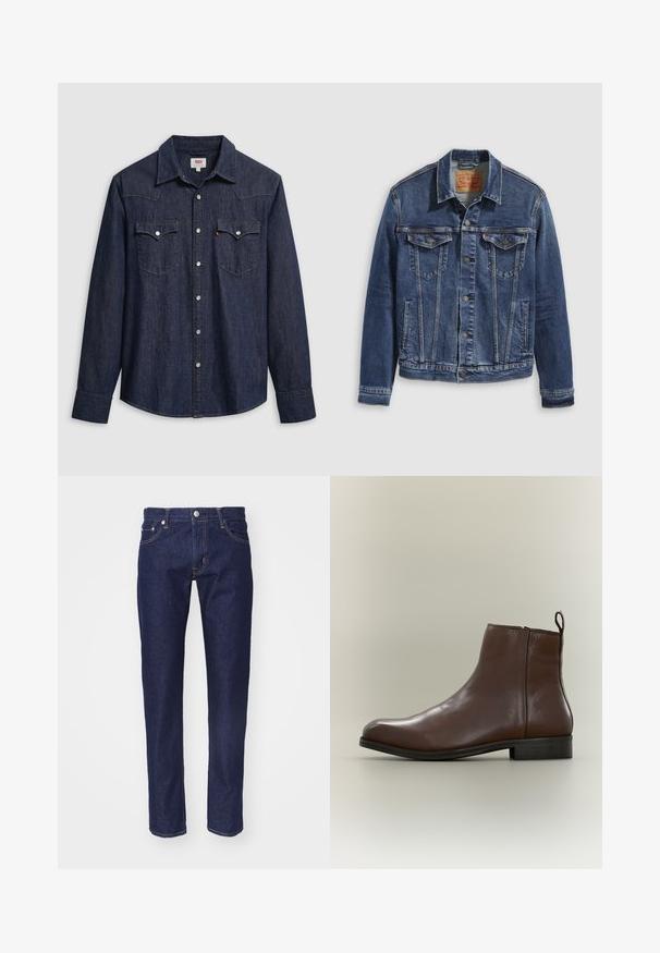Jeanjakke i mørkeblå med et klassisk design, der har metalknapper, to brystlommer og diagonale sømme foran.; Mørkeblå denimskjorte med spids krave, trykknapper og brystlommer. Har syningsdetaljer og lange ærmer.; Mørkeblå denim jeans med lige pasform, fem-lomme design, kontrasterende orange syninger og en sølvknaplukning i taljen.; Brun læder ankelstøvle med lav hæl og trækflap bagpå, vist fra siden på en ensfarvet baggrund.