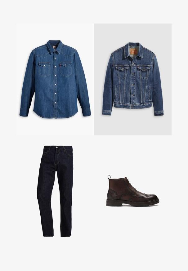 Dunkelblaues Jeansjackett im klassischen Design, mit Metallknöpfen, zwei Brusttaschen und diagonalen Nähten auf der Vorderseite.; Dunkelblaue Jeanshemd mit langen Ärmeln, spitzem Kragen und Druckknöpfen. Verfügt über zwei Brusttaschen mit Klappen und kontrastierenden Nähten.; Dunkelblaue Jeans aus Denim mit geradem Schnitt, ausgestattet mit gelben Nähten, fünf Taschen und einem klassischen Knopf- und Reißverschluss.; Braune Lederstiefeletten mit Broguedetails, runder Zehenform, Schnürdesign und einer strukturierten Gummisohle mit einer Zuglasche an der Ferse.