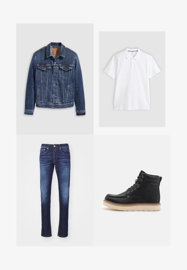 Donkerblauwe denimjas met een klassiek ontwerp, voorzien van metalen knopen, twee borstzakken en diagonale naden aan de voorkant.; Witte polo met korte mouwen, kraag en een klep met twee knopen, platgelegd op een lichtgrijze achtergrond.; Donkerblauwe denim jeans met een rechte pijp, voorzien van vijf zakken, een knopenrits en subtiele vervaging langs de dijen.; Zwarte leren laars met een beige rubberen zool, ronde neus en vetersluiting. Heeft stikdetails en branding aan de zijkant.