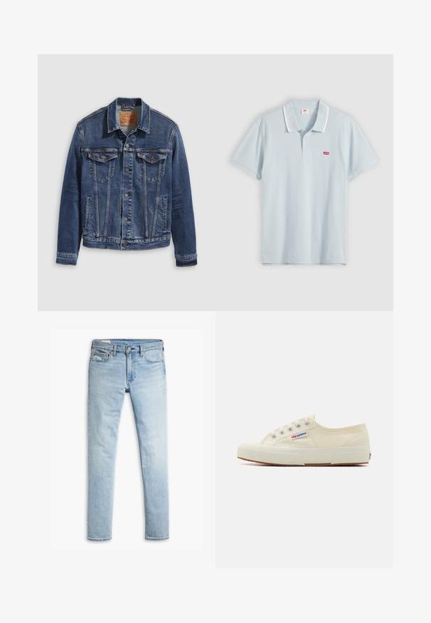 Dunkelblaues Jeansjackett im klassischen Design, mit Metallknöpfen, zwei Brusttaschen und diagonalen Nähten auf der Vorderseite.; Hellblaues kurzärmliges Polo mit weißen Doppelstreifen am Kragen und kleinem rotem Levi's-Logo auf der Brust, flach liegend dargestellt.; Helle blaue, schmal geschnittene Jeans aus Denim mit Knopf- und Reißverschluss, Fronttaschen und Gürtelschlaufen auf weißem Hintergrund.; Beige Leinen-Sneaker mit niedrigem Profil, Metallösen und Gummisohle. Mit einem strukturierten Muster und einem Logodetail an der Seite.