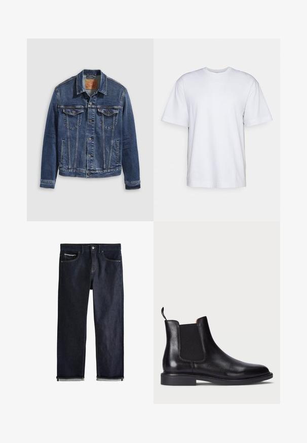 Donkerblauwe denimjas met een klassiek ontwerp, voorzien van metalen knopen, twee borstzakken en diagonale naden aan de voorkant.; Filippa K HEAVY CREW NECK TEE - T-shirt basic - white; Donkerblauwe spijkerbroek met een klassieke rechte pasvorm, voorzien van vijf zakken, een knoopsluiting en opgerolde boorden met een lichtblauwe voering.; Zwarte leren Chelsea-boot met elastische zijpanelen, een gestructureerde afwerking, een ronde neus en een lage gestapelde hak. Voorzien van een trekband voor gemakkelijk aan- en uittrekken.