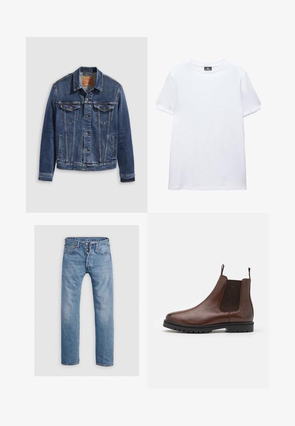 Donkerblauwe denimjas met een klassiek ontwerp, voorzien van metalen knopen, twee borstzakken en diagonale naden aan de voorkant.; Effen wit T-shirt met korte mouwen en een ronde hals met een zwart Pull&Bear-label aan de binnenkant van de kraag, afgebeeld op een witte achtergrond.; Lichtblauwe denim jeans met een recht gesneden ontwerp, vijf zakken en een knoopsluiting. Voorzien van subtiele vervaging en stikselaccenten.; Bruine leren Chelsea-boot met elastische zijpanelen, ronde neus en getextureerde rubberen zool, voorzien van trek-lussen voor gemakkelijke aan- en uittrekken.