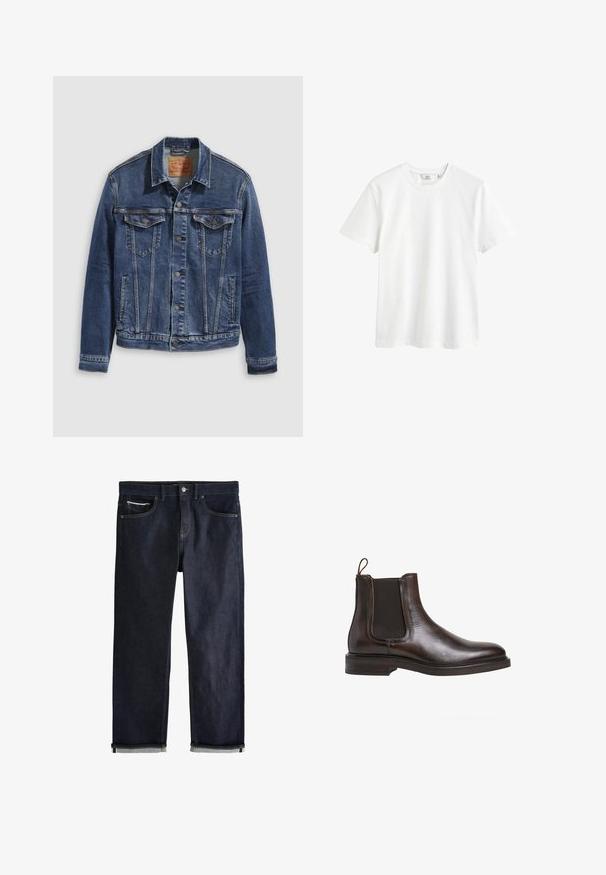 Chaqueta de mezclilla en azul oscuro con un diseño clásico, que presenta botones metálicos, dos bolsillos en el pecho y costuras diagonales en la parte frontal.; Camiseta de algodón blanca con cuello redondo, mangas cortas y un corte relajado. Textura suave y sin patrones o acentos visibles.; Vaqueros de mezclilla azul oscuro con puños doblados, cierre de botón y cremallera, bolsillos delanteros y para monedas, y costuras en contraste sobre un fondo blanco.; Botín Chelsea de cuero marrón con paneles laterales elásticos, tirador en bucle y un tacón bajo apilado. Textura suave y silueta elegante.