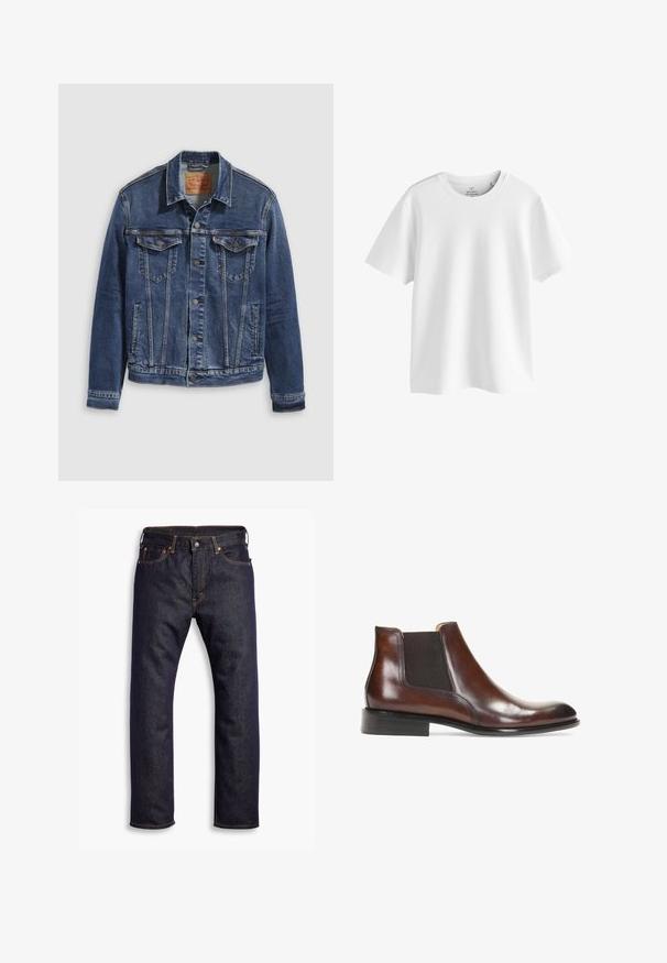 Dunkelblaues Jeansjackett im klassischen Design, mit Metallknöpfen, zwei Brusttaschen und diagonalen Nähten auf der Vorderseite.; Schlichtes weißes T-Shirt mit kurzen Ärmeln und Rundhalsausschnitt in regulärer Passform, auf weißem Hintergrund gezeigt.; Dunkelblaue gerade geschnittene Jeans aus Denim mit fünf Taschen und orangefarbenen Kontrastnähten, flach auf einem weißen Hintergrund ausgelegt.; Braune Leder-Stiefelette mit elastischen Seiteneinsätzen, glatter Oberfläche, genähten Details und einem niedrigen rechteckigen Absatz.