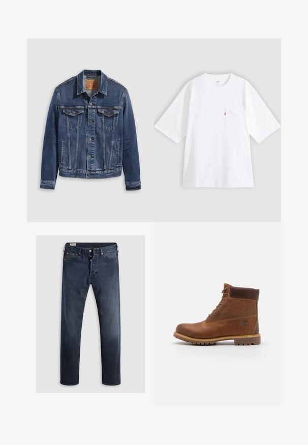 Donkerblauwe denimjas met een klassiek ontwerp, voorzien van metalen knopen, twee borstzakken en diagonale naden aan de voorkant.; Wit katoenen T-shirt met korte mouwen, ronde hals en een borstzak aan de linkerkant. Heeft een klein rood logotagje op de zak.; Donkerblauwe denim jeans met een rechte pijp, voorzien van een rits en metalen knopen, en koperen klinknagels. Gladde textuur, geen zichtbare patronen.; Bruine leren wandelschoen met een gladde afwerking, gevoerde enkel, metalen oogjes en een rubberen zool met een robuust profiel.