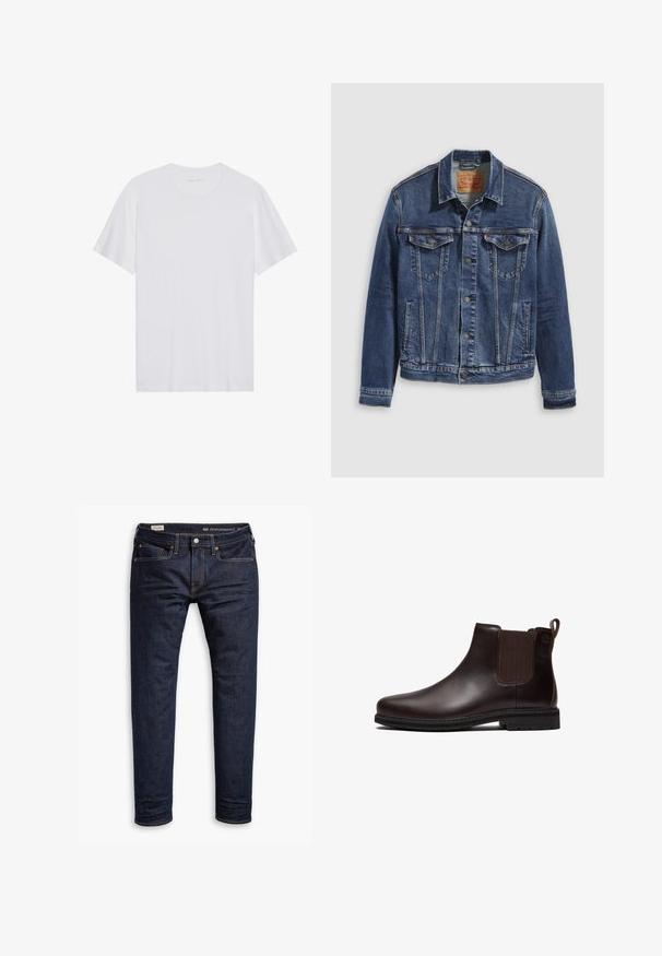 Veste en denim bleu foncé au design classique, avec des boutons en métal, deux poches poitrine et des coutures diagonales à l'avant.; T-shirt en coton blanc à manches courtes, col rond et texture lisse. Présente un branding minimal au niveau du col.; Jean en denim bleu foncé avec une coupe slim, présentant des coutures orange, un design à cinq poches et des accessoires en métal. Texture lisse, sans motifs.; Bottine Chelsea en cuir marron foncé avec panneau latéral élastique, languette au talon et semelle en caoutchouc noire, vue de profil.