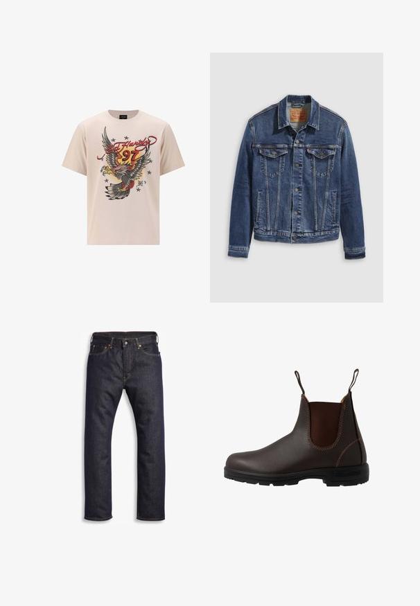 Chaqueta de mezclilla en azul oscuro con un diseño clásico, que presenta botones metálicos, dos bolsillos en el pecho y costuras diagonales en la parte frontal.; Camiseta de algodón beige con un gran gráfico de un águila con acentos rojos y amarillos, texto "Ed Hardy" y estrellas en un diseño de impresión texturizado.; Vaqueros de denim azul oscuro con corte recto, diseño de cinco bolsillos, herrajes metálicos y costuras naranjas contrastantes. Textura suave, sin patrones visibles.; Bota Chelsea de cuero marrón con panel elástico lateral, costuras marrones, tiradores y suela de goma resistente con un patrón texturizado.
