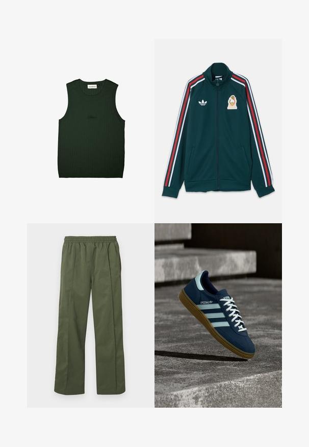 Tmavozelená športová bunda na zips s červenými, bielymi a čiernymi pruhmi na rukávoch, logom Adidas a mexickým futbalovým erbom na hrudi.; Zelený rebrovaný top bez rukávov s okrúhlym výstrihom. Obsahuje diskrétne logo v čiernej farbe blízko stredu. Mäkká textúra.; Zelené, ľahké nohavice s širokými nohavicami, elastickým pásom a bočnými vreckami. Hladká textúra s voľným strihom, navrhnuté pre pohodlie.; Modré tenisky Adidas Spezial s bielymi pruhmi a šnúrkami, gumovou podrážkou, plávajúce nad drsným betónovým povrchom a schodmi v pozadí.