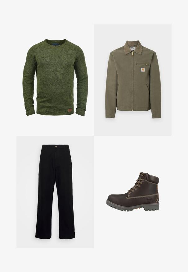 Oliven grøn Carhartt arbejdsjakke med manchet i kordfløjl, lynlås foran, lynlåslomme på brystet og to sidelommer.; Grøn sweater lavet af struktureret strikstof, med rund hals, lange ærmer og et lille brunt logo-patch på den nederste front.; Sorte bukser lavet af tungt stof, med lige ben-design, forlommer, lynlås og en enkelt metallisk knaplukning.; Brun læderankelstøvle med grå gummisål, forstærket tå, synlige sømme og metaløjer til snørebånd. Sidebrandingdetalje synlig.
